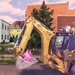  animal_crossing artist_name blue_sky bob_(animal_crossing) building cat closed_eyes clouds day excavator fawn_(fawnyawns) grass highres lying on_back open_mouth outdoors punchy_(animal_crossing) road scenery sidewalk sky sleeping tree zzz 