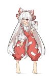  1girl barefoot blush bow collarbone collared_shirt fujiwara_no_mokou full_body hair_bow hand_on_own_hip highres leaning_forward long_hair long_sleeves looking_at_viewer one-hour_drawing_challenge open_mouth pants primsla puffy_long_sleeves puffy_pants puffy_sleeves red_bow red_eyes red_pants shirt sidelocks smile solo split_mouth standing suspenders teeth tiptoes touhou upper_teeth_only very_long_hair white_bow white_hair white_shirt 