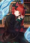  1girl animal_ears black_dress blush book bookshelf braid cat_ears cat_tail closed_mouth dress flaming_skull juliet_sleeves kaenbyou_rin long_hair long_sleeves looking_at_viewer multiple_tails neko_bocchi puffy_sleeves red_eyes redhead skull solo tail touhou twin_braids two_tails 