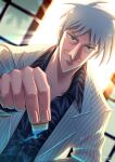  1boy absurdres akagi_shigeru animal_print blazer blue_fire closed_mouth commentary_request dutch_angle fire fukumoto_nobuyuki_(style) grey_hair grey_shirt highres holding_mahjong_tile jacket looking_at_viewer mahjong mahjong_tile male_focus medium_bangs official_style open_clothes open_jacket parody pointy_nose print_shirt shirt short_hair shouji sliding_doors smile solo striped striped_jacket style_parody tachihiro1000 ten_(manga) tiger_print upper_body vertical-striped_jacket vertical_stripes wrinkled_skin 