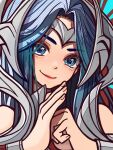  1girl black_hair blue_eyes clenched_hand closed_mouth fingerless_gloves gloves hair_ornament highres irelia kawaguti_kappa league_of_legends long_hair looking_at_viewer own_hands_together parted_bangs smile solo upper_body 