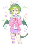  1girl absurdres alternate_costume blush brown_eyes collarbone draco_centauros dragon_girl dragon_horns dragon_tail dragon_wings fang green_hair highres horns kneehighs looking_at_viewer offbeat open_mouth pleated_skirt pointy_ears purple_skirt puyopuyo short_hair single_kneehigh single_sock single_thighhigh skirt socks solo striped striped_thighhighs tail thigh-highs wings 