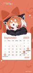  1girl absurdres animal_ears black_jacket brown_eyes brown_hair calendar_(medium) extra_ears gloves highres jacket japari_symbol kemono_friends kemono_friends_kingdom lesser_panda_(kemono_friends) looking_at_viewer multicolored_hair official_art official_wallpaper panda_ears panda_girl red_background short_hair simple_background solo two-tone_hair white_hair 