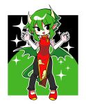  1girl absurdres black_eyes black_pants blush china_dress chinese_clothes dragon_girl dragon_horns dragon_tail dragon_wings dress elbow_gloves fang full_body gloves green_hair highres horns looking_at_viewer nero_claudius_(fate) offbeat open_mouth pants pointy_ears puyopuyo queen_draco_(fate) red_dress red_footwear short_hair sleeveless sleeveless_dress smile solo tail white_gloves wings 