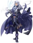  1boy ascot black_cape black_gloves black_pants boanel_zebudai boots cape claws dairoku_ryouhei dark_skin full_body fuuryun_(tw) gauntlets gloves gold_trim grey_ascot grey_hair long_hair long_sleeves looking_at_viewer male_focus pants purple_cape red_eyes solo standing transparent_background 