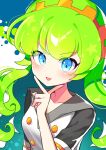  1girl absurdres blue_eyes blush breasts collarbone ess_(puyopuyo) green_hair highres long_hair looking_at_viewer medium_breasts offbeat open_mouth puyopuyo short_sleeves smile solo upper_body v 