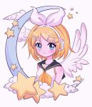  1girl :3 angel_wings blonde_hair blue_eyes blush bow chelly_(chellyko) clouds crescent_moon feathered_wings hair_bow hair_ornament hairclip headphones headset highres kagamine_rin looking_at_viewer moon neckerchief sailor_collar shirt short_hair sleeveless sleeveless_shirt smile solo star_(symbol) upper_body vocaloid white_background wings 