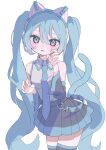  1girl absurdres animal_ear_headphones animal_ears bare_shoulders blue_eyes blue_hair blue_nails blue_necktie blush cat_ear_headphones cat_tail claw_pose detached_sleeves fake_animal_ears fang grey_shirt hakudaku hatsune_miku headphones highres long_hair looking_at_viewer necktie open_mouth pleated_skirt shirt simple_background skin_fang skirt sleeveless sleeveless_shirt solo tail thigh-highs twintails very_long_hair vocaloid white_background zettai_ryouiki 