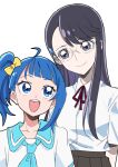  2girls :d absurdres blue_eyes blue_hair bow commentary_request eyelashes glasses hair_bow hair_ornament hairclip happy heartcatch_precure! high_ponytail high_side_ponytail highres hirogaru_sky!_precure looking_at_another multiple_girls open_mouth ponytail precure purple_hair ribbon school_uniform shirt side_ponytail simple_background sketch smile sora_harewataru standing tsukikage_oyama tsukikage_yuri violet_eyes white_background white_shirt yellow_bow 