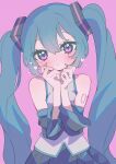  1girl :&lt; absurdres aqua_eyes aqua_hair blush detached_sleeves grey_shirt hakudaku hatsune_miku heart heart_in_eye highres long_hair looking_at_viewer own_hands_together pink_background shirt simple_background skirt sleeveless sleeveless_shirt solo sparkling_eyes symbol_in_eye tearing_up twintails upper_body very_long_hair vocaloid 
