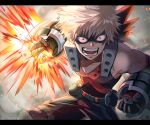  1boy angry baggy_pants bakugou_katsuki belt black_mask black_pants black_tank_top blonde_hair blurry boku_no_hero_academia chromatic_aberration clenched_hands collarbone commentary_request embers explosion explosive eye_mask eyes_visible_through_eyewear furrowed_brow gloves green_gloves grenade hands_up headgear highres leaning_forward letterboxed light looking_ahead making-of_available male_focus medibang_paint_(medium) narrow_waist onk_(kkkarb) open_mouth orange_gloves pants partial_commentary red_eyes sanpaku short_hair sleeveless smoke snap-fit_buckle solo spiky_hair tank_top two-tone_gloves upper_body v-neck v-shaped_eyebrows x 