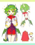  1girl absurdres alternate_costume blush brown_eyes china_dress chinese_clothes draco_centauros dragon_girl dragon_horns dragon_tail dragon_wings dress fang green_hair hair_ornament hairclip highres horns jacket long_sleeves looking_at_viewer offbeat open_mouth pointy_ears puyopuyo red_dress short_hair smile solo tail white_jacket wings 