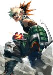  1boy arm_at_side armpit_peek bakugou_katsuki black_footwear black_pants black_tank_top blonde_hair blurry blurry_foreground boku_no_hero_academia boots combat_boots commentary debris detached_sleeves dust explosive eye_mask feet_out_of_frame from_side furrowed_brow gloves glowing glowing_hand green_gloves grenade hand_up headgear highres imminent_explosion knee_boots knee_pads leaning_forward looking_to_the_side male_focus open_mouth pants red_eyes rock sanpaku sanwood_mori short_hair sideways_mouth sleeveless smile solo spiky_hair standing tank_top turning_head two-tone_gloves 