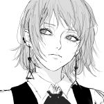  1girl chainsaw_man closed_mouth collared_shirt ear_piercing earrings fami_(chainsaw_man) greyscale hair_between_eyes inoitoh jewelry looking_to_the_side mole mole_under_eye mole_under_mouth monochrome necktie piercing portrait shirt short_hair simple_background solo white_background 