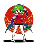  1girl absurdres bike_shorts black_eyes black_shorts blush china_dress chinese_clothes draco_centauros dragon_girl dragon_horns dragon_tail dragon_wings dress fang full_body green_hair highres horns long_sleeves offbeat open_mouth puyopuyo red_dress sandals shorts smile solo tail wings 