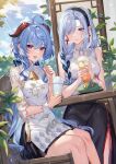  2girls :d absurdres ahoge architecture bell blue_hair blurry chair chinese_clothes commentary_request cup depth_of_field disposable_cup drinking_straw earrings east_asian_architecture eyes_visible_through_hair fork ganyu_(heytea)_(genshin_impact) genshin_impact goat_horns grey_eyes hair_between_eyes hair_ornament hair_over_one_eye hairband highres holding holding_cup holding_fork horns jewelry long_bangs long_hair looking_at_viewer low_ponytail multiple_girls neck_bell official_alternate_costume outdoors shanguier shenhe_(heytea)_(genshin_impact) short_sleeves sidelocks sitting slime_(genshin_impact) smile table violet_eyes white_hair 