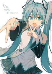  1girl absurdres aqua_eyes aqua_hair aqua_nails aqua_necktie bare_shoulders black_sleeves blue_eyes blue_hair breasts deep_(deep4946) detached_sleeves green_hair hair_ornament happy_birthday hatsune_miku headphones headset highres long_hair looking_at_viewer necktie open_mouth shirt skirt solo twintails v very_long_hair vocaloid 