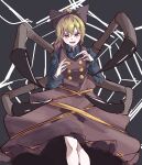  1girl arthropod_limbs black_background black_bow blonde_hair bow brown_dress brown_eyes commentary commentary_request dress hair_bow highres kanaria_(bocmn) kurodani_yamame long_sleeves looking_back one-hour_drawing_challenge short_hair silk simple_background solo spider_web touhou 