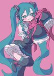  1girl absurdres aqua_eyes aqua_hair blush boots cross-laced_clothes cross-laced_sleeves detached_sleeves frilled_skirt frilled_sleeves frills grey_shirt hakudaku hands_up hatsune_miku headphones highres leg_up long_hair looking_at_viewer necktie parted_lips pink_background pink_ribbon ribbon shirt simple_background skirt sleeveless sleeveless_shirt sleeves_past_fingers sleeves_past_wrists smile solo thigh_boots twintails very_long_hair vocaloid 