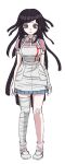  1girl apron arms_at_sides bandaged_leg bandages bandaid bandaid_on_knee bandaid_on_leg black_eyes black_hair blue_skirt breasts danganronpa_(series) danganronpa_2:_goodbye_despair frown full_body highres large_breasts long_hair miniskirt mole mole_under_eye mozuku_(iiiiiiimomo) pink_shirt pleated_skirt puffy_short_sleeves puffy_sleeves shirt short_sleeves simple_background skirt socks solo standing tsumiki_mikan white_apron white_background white_footwear white_socks 