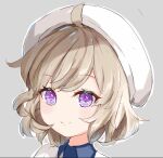  1girl ahoge beret brown_hair c309657344 closed_mouth collared_dress commentary_request dress grey_background hat highres iwanaga_kotoko kyokou_suiri looking_at_viewer outline portrait simple_background smile solo violet_eyes white_dress white_headwear white_outline 