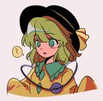  1girl black_headwear blouse blush bow buttons diamond_button eyeball frilled_shirt_collar frills green_eyes green_hair hat hat_bow hat_ribbon komeiji_koishi long_sleeves open_mouth rbfnrbf_(mandarin) ribbon shirt short_hair solo third_eye touhou wide_sleeves yellow_bow yellow_ribbon yellow_shirt 