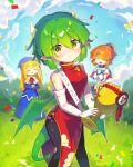  3girls absurdres arle_nadja black_pants blonde_hair blue_headwear blurry blurry_background brown_eyes brown_hair china_dress chinese_clothes closed_eyes confetti draco_centauros dragon_girl dragon_horns dragon_tail dragon_wings dress elbow_gloves gloves green_hair highres holding_trophy horns long_hair multiple_girls offbeat pants puyopuyo red_dress short_hair short_ponytail sleeveless sleeveless_dress tail trophy white_gloves wings witch_(puyopuyo) 