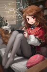  1girl analog_clock animal_ears blush brown_hair clock commission fox_ears fox_girl fox_tail grey_pantyhose highres indoors long_hair long_sleeves looking_at_viewer melaton open_mouth original pantyhose red_eyes sitting skeb_commission smile solo tail 