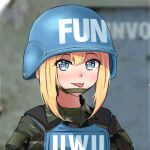  1girl blonde_hair blue_eyes blue_headwear blue_vest blurry blurry_background brand_name_imitation bulletproof_vest camouflage camouflage_shirt closed_mouth combat_helmet commentary english_commentary green_shirt helmet jizi looking_at_viewer original shirt soldier solo tongue tongue_out united_nations upper_body vest 