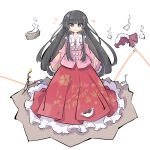  1girl black_hair bow branch heart highres houraisan_kaguya jeweled_branch_of_hourai long_hair long_skirt looking_at_viewer pink_shirt primsla red_skirt shirt skirt smile solo touhou white_background white_bow 