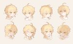  1boy :o ;d aether_(genshin_impact) ahoge blonde_hair blush drinking_straw earrings expressions genshin_impact hair_between_eyes highres jewelry kiri_(sunny-ziyun) looking_at_viewer male_focus one_eye_closed parted_lips short_hair_with_long_locks simple_background smile sweat teeth upper_teeth_only white_background yellow_eyes 
