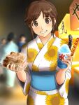  1girl amagami blue_sash blush brown_eyes brown_hair clenched_teeth floral_print food hair_bun highres holding holding_food japanese_clothes kimono obi outdoors print_kimono sakurai_rihoko sash shaved_ice short_hair solo_focus takenoko_saba_otto takoyaki teeth white_kimono wide_sleeves 