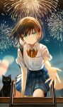  1girl aerial_fireworks black_cat blue_skirt blush bob_cut bow bowtie breast_pocket brown_hair cat collared_shirt colored_inner_hair earrings fireworks foreshortening green_eyes head_tilt highres jewelry kneeling ladder light_blush light_frown looking_at_viewer multicolored_hair night night_sky original outstretched_hand plaid plaid_skirt pleated_skirt pocket reaching reaching_towards_viewer red_bow red_bowtie school_uniform shirt short_hair skirt sky speech_bubble split strap stud_earrings tasuku_(otomebotan) translated tsurime white_hair white_shirt 