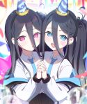 &lt;key&gt;_(blue_archive) 2girls :o absurdres aris_(blue_archive) black_hair blue_archive blue_eyes blue_necktie blush collared_shirt commentary_request green_halo hair_between_eyes halo hat highres holding_hands jacket jiki_(gkdlfnzo1245) korean_commentary long_bangs long_hair long_sleeves looking_at_viewer multiple_girls necktie off_shoulder open_mouth party_hat pink_eyes pink_halo ringed_eyes shirt side_ponytail two-sided_fabric two-sided_jacket upper_body very_long_hair white_jacket white_shirt