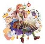  1girl bag brown_footwear brown_hair chocolate_chip_cookie cookie cup drinking drinking_straw food green-framed_eyewear green_nails green_socks handbag highres holding holding_cup kneehighs long_hair looking_at_viewer original skirt socks solo sorata123 teapot 