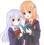  2girls :d :o black_robe blue_eyes blue_hair blush book collared_shirt commentary_request copyright_name diagonal-striped_necktie gochuumon_wa_usagi_desu_ka? grey_jacket grey_sweater gryffindor hair_between_eyes hair_ornament hairclip harry_potter_(series) hogwarts_school_uniform holding holding_book hoto_cocoa jacket kafuu_chino light_blue_hair long_hair long_sleeves looking_at_viewer matching_outfits mozukun43 multiple_girls necktie open_mouth orange_hair partial_commentary robe school_uniform shirt short_hair sidelocks simple_background smile standing striped_necktie sweater twitter_username two-tone_necktie upper_body violet_eyes white_background white_shirt wizarding_world x_hair_ornament 