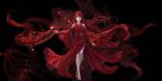  1girl absurdres against_the_gods bare_legs bare_shoulders barefoot black_background chinese_clothes dress floating_hair full_body highres jasmine_(against_the_gods) long_hair official_art red_dress red_eyes redhead wide_sleeves 