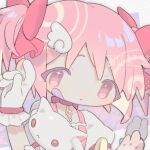  1girl 1other :3 absurdres bandaid bandaid_on_face bow center_frills chibi choker commentary_request dot_nose frills gloves hair_bow hands_up highres kaname_madoka kyubey looking_at_viewer mahou_shoujo_madoka_magica parted_lips pink_eyes pink_hair puffy_short_sleeves puffy_sleeves red_bow red_eyes red_ribbon ribbon ribbon_choker short_sleeves short_twintails solo_focus soul_gem sparkling_eyes tendoshi twintails twitter_username white_fur white_gloves wing_hair_ornament 