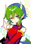  1girl absurdres breasts brown_eyes china_dress chinese_clothes closed_mouth detached_sleeves draco_centauros dragon_girl dragon_horns dragon_wings dress green_hair highres horns large_breasts looking_at_viewer offbeat pointy_ears puyopuyo red_dress sketch solo upper_body wings 