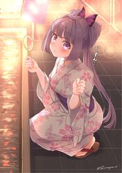  1girl absurdres blunt_bangs goldfish_scooping highres japanese_clothes kimono monster_strike purple_hair s-masa_7131 scenery sidelocks squatting summer_festival yukata 