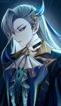  1boy blue_background blue_hair blue_jacket facing_to_the_side feather_hair_ornament feathers formal genshin_impact hair_ornament highres jacket long_hair looking_down male_focus multicolored_hair neuvillette_(genshin_impact) parted_lips pointy_ears pponnya solo twitter_username white_hair yellow_eyes 