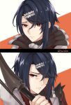  1boy alcryst_(fire_emblem) ascot asymmetrical_hair blue_hair bow_(weapon) closed_mouth fire_emblem fire_emblem_engage furrowed_brow hair_between_eyes hair_ornament hairclip high_collar highres holding holding_bow_(weapon) holding_weapon ku_ra_41 looking_at_viewer red_eyes short_hair weapon white_ascot 