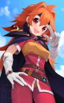  1girl :d belt blue_sky blush breasts brown_belt cloak clouds day fang gloves hair_between_eyes hair_intakes hand_on_own_hip hand_up highres lina_inverse long_hair looking_at_viewer orange_hair outdoors pants purple_cloak red_eyes red_pants red_shirt shirt short_sleeves sky slayers small_breasts smile solo v very_long_hair watermark white_gloves yoako 