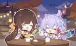  2girls :d architecture bailu_(honkai:_star_rail) bird braid brown_hair chair chibi chinese_clothes chinese_commentary closed_mouth cup detached_sleeves dragon_girl dragon_horns dragon_tail east_asian_architecture food highres holding honkai:_star_rail honkai_(series) horns long_hair multiple_girls night official_art open_hand open_mouth outdoors sitting sky smile stick sushang_(honkai:_star_rail) sweatdrop tail tree twintails upper_body yellow_headwear yellow_sleeves 