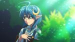  1girl ahoge blue_hair closed_mouth crescent crescent_hair_ornament forest hair_ornament highres kaien_advance nature pointy_ears rena_lanford short_hair smile solo sparkle star_ocean star_ocean_the_second_story 