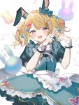  1girl animal_ear_fluff animal_ears balloon blonde_hair bow dress green_bow green_dress grey_eyes hair_bow heart heart_hands highres indie_virtual_youtuber light_blush looking_at_viewer magical_girl_alto open_mouth rabbit_ears rabbit_girl short_sleeves smile solo sorani_(kaeru0768) teeth two_side_up upper_teeth_only virtual_youtuber wrist_cuffs 