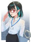  1girl adjusting_eyewear alternate_costume bespectacled black_hair black_skirt blue_hair blush buren commentary_request cowboy_shot demon_girl demon_horns demon_tail fang flat_chest folder glasses highres holding holding_folder horns id_card lanyard looking_at_viewer medium_bangs multicolored_hair nanashi_inc. office_lady open_mouth pointy_ears red-framed_eyewear red_eyes semi-rimless_eyewear shirt shirt_tucked_in shishio_chris short_hair skirt smile solo tail two-tone_hair under-rim_eyewear virtual_youtuber white_shirt 