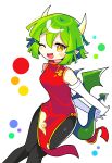  1girl absurdres black_pants blush breasts brown_eyes china_dress chinese_clothes draco_centauros dragon_girl dragon_horns dragon_tail dragon_wings dress elbow_gloves fang gloves green_hair highres horns looking_at_viewer medium_breasts offbeat one_eye_closed open_mouth pants puyopuyo red_dress short_hair sleeveless sleeveless_dress smile solo tail white_gloves wings 