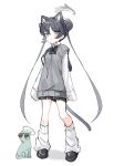  1girl alternate_costume animal_ears black_bow black_bowtie black_hair blue_archive bow bowtie cat double_bun extra_ears full_body grey_eyes hair_bun hair_ornament halo highres kisaki_(blue_archive) kneehighs loafers long_hair looking_at_viewer loose_socks pleated_skirt sentouryoku_5 shirt shoes simple_background skirt socks solo standing sweater_vest tail twintails very_long_hair white_background white_socks 