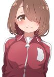  1girl blush brown_eyes brown_hair closed_mouth commentary_request hair_over_one_eye hatafuta hoshino_miyako_(wataten) jacket long_sleeves looking_at_viewer red_jacket simple_background smile solo track_jacket upper_body watashi_ni_tenshi_ga_maiorita! white_background zipper 